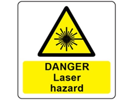 Danger laser hazard symbol and text safety label.