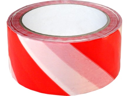 Laminated warning tape, red and white chevron.