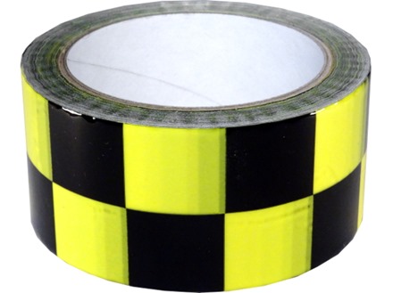 Laminated warning tape, black and yellow check.