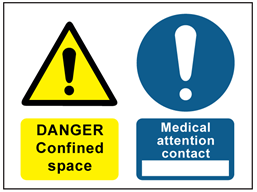 Danger confined space, medical attention contact safety sign.