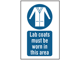 Lab coats must be worn in this area symbol and text safety sign.