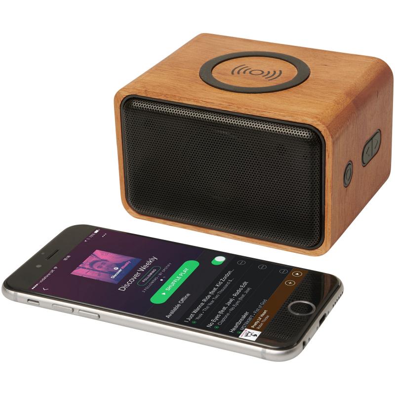 Wooden speaker with wireless charging pad