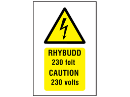 Rhybudd 230 folt, Caution 230 volts. Welsh English sign.