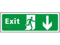 Exit, running man, arrow down sign.