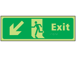 Exit arrow down left photoluminescent sign.