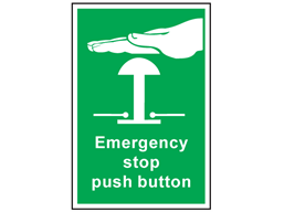 Emergency stop push button symbol and text safety sign.