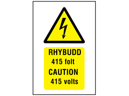 Rhybudd 415 folt, Caution 415 volts. Welsh English sign.