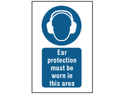 Ear protection must be worn in this area symbol and text safety sign.