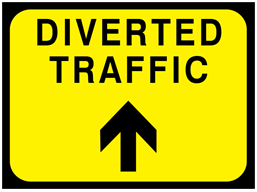 Diverted traffic, arrow up temporary road sign.