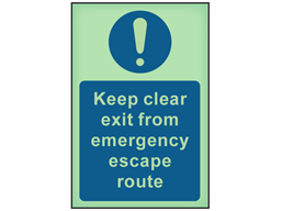 Keep clear exit from emergency escape route photoluminescent safety sign