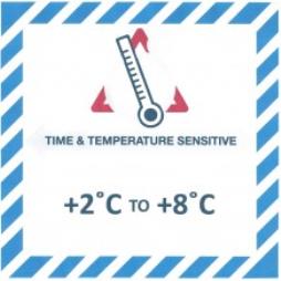 Handling Label 100mmx100mm Time & Temperature Sensitive +2C to +8C Rolls of 250 (Code VTT2C/8C)
