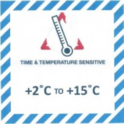 Handling Label 100mmx100mm Time & Temperature Sensitive +2C to +15C Rolls of 250 (Code VTT2C/15C)