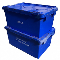 Used 80 Litre Stack / Nest Attached Lid Container / Lidded Plastic Storage Box