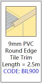 9mm PVC Round Edge Tile Trim Length = 2.5m