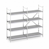 Tall aluminium modular shelving with solid poly shelves