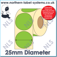 Direct Thermal Label<br>Permanent Adhesive<br> GREEN 25mm Diameter Circle<br><br> For Larger Label Printers