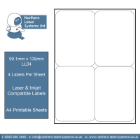 LL04 A4 Labels 4 Labels Per Sheet - 99mm x 139mm (L7169 Equivalent)