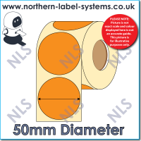 Direct Thermal Label<br>Permanent Adhesive<br> ORANGE 50mm Diameter Circle<br><br> For Larger Label Printers