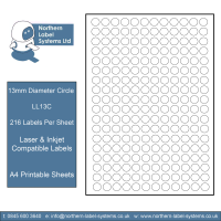 LL13C A4 Labels - 216 Labels Per Sheet<br>13mm Diameter Circles<br><br>500 Sheets per box