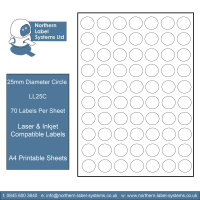 LL25C A4 Labels - 70 Labels Per Sheet<br>25mm Diameter Circles<br><br>500 Sheets per box