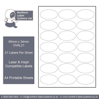 OVAL21 A4 Labels - 21 Labels Per Sheet<br>60mm x 34mm Oval<br><br>500 Sheets per box
