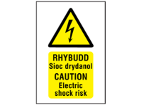 Rhybudd Sioc Drydanol, Caution Electric Shock Risk. Welsh English Sign