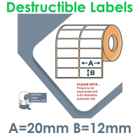020012DENPW2-10000, 20mm x 12mm Matt White Ultra Destructible Label, 2 Across, Permanent Adhesive, 20,000 per roll, FOR LARGER LABEL PRINTERS