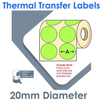 020DIATTNPG2-5000, 20mm Diameter Circle 2 Across, GREEN, Thermal Transfer Labels, Permanent Adhesive, 5,000 per roll, FOR SMALL DESKTOP LABEL PRINTERS