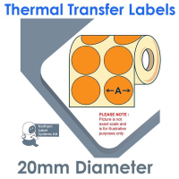 020DIATTNPO2-10000, 20mm Diameter Circle 2 Across, ORANGE, Thermal Transfer Labels, Permanent Adhesive, 10,000 per roll, FOR LARGER LABEL PRINTERS