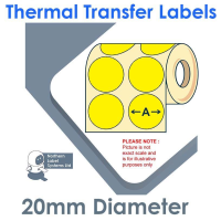020DIATTNFY2-5000, 20mm Diameter Circle 2 Across, YELLOW, Thermal Transfer Labels, FREEZER Adhesive, 5,000 per roll, FOR SMALL DESKTOP LABEL PRINTERS