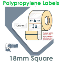 018018CPNPC1-4000, 18mm Square CLEAR Polypropylene Label, 4,000 per roll, Permanent Adhesive, For Larger Desktop Label Printers